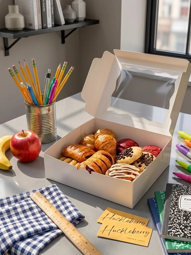 An open snack box on a desk with pencils, an apple and notebooks