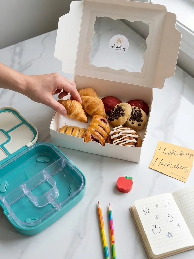 A hand reaching into an open box of pastries and cookies